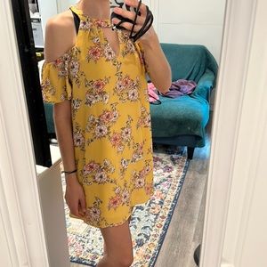 Yellow Floral Cold Shoulder High Neck Cutout Mini Dress